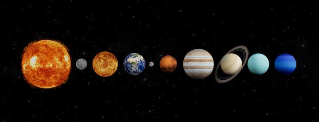 Planets of the Solar System in a Row From the Sun. 3d Rendering