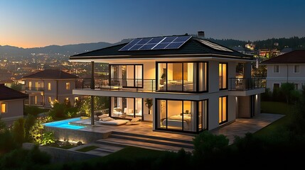 Modern Sustainable Home with Solar Panels Overlooking Scenic Night Cityscape : Generative AI