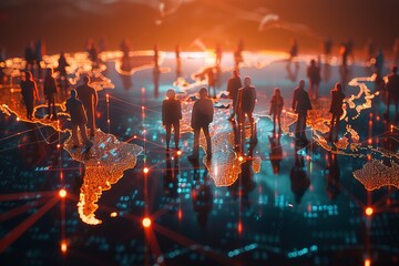 Global network connection, people silhouettes on world map.
