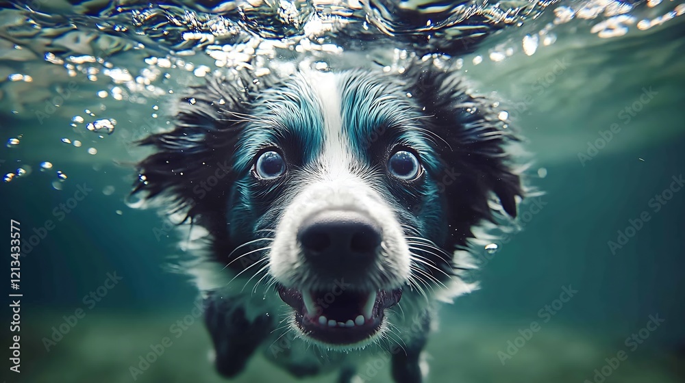 Poster Excited Dog Underwater with Big Eyes Exploring the Ocean Depths Capturing Playful Adventure : Generative AI