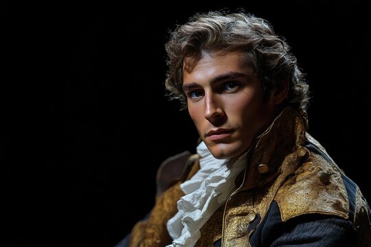 Portrait d'un jeune homme &eacute;l&eacute;gant dans un costume historique avec une chemise &agrave; jabot, sur fond sombre.