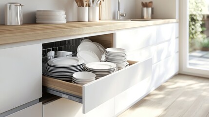 63.A well-organized kitchen with spacious white cupboards and drawers opens to reveal neatly arranged clean plates and dishes. The cupboard features built-in appliances like a microwave and oven,