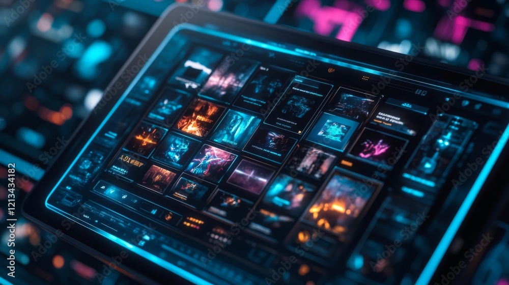 Poster A high-tech tablet showcases a vibrant digital interface filled with various captivating artwork and game images, presenting a colorful array of visuals against a backdrop of glowing neon elements.