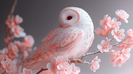 pink owl sitting on a branch with pink flowers