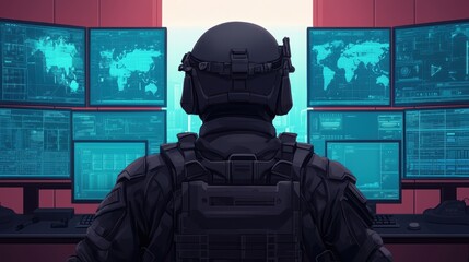 Cyberpunk soldier monitoring data systems in futuristic command center