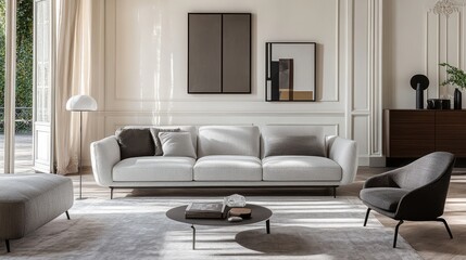 Fototapeta premium 68.A modern and elegant living room features a light grey sofa with soft throw pillows placed near a sleek chest of drawers. The furnitureâ€™s minimalist design complements the blank frames on the