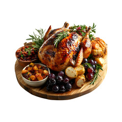 Rustic Wooden Table with Roasted Turkey and Vegetables on transparent background