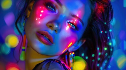 Fototapeta premium Beautiful model woman with colorful bright neon lights art design posing in studio, AI generated image