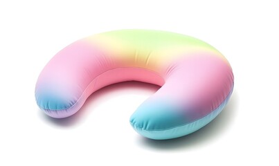 Pastel rainbow inflatable neck pillow, studio shot, white background, travel