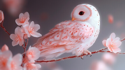 pink owl sitting on a branch with pink flowers