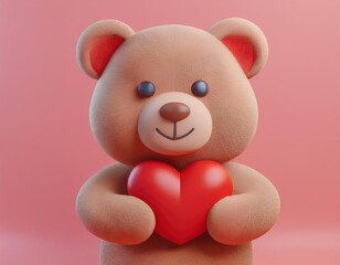 Obraz premium 3D illustration cuddly teddy bear holds a big red heart