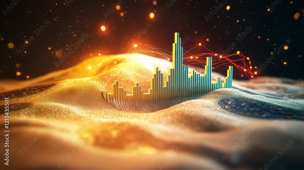 Poster colorful waveforms and abstract data visualization with glowing elements and sparkling background