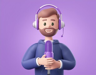 3D illustration happy cartoon man wearing headphones holds a microphone ready to broadcast