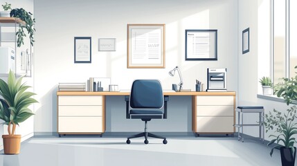 Sunlit modern office interior with desk, chair, and plants.