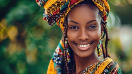 Fototapeta premium Portrait of African native girl in traditional kaftan costume, AI generated image