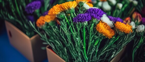 Vibrant Flower Bouquet in Box  Purple  Orange  White Blooms