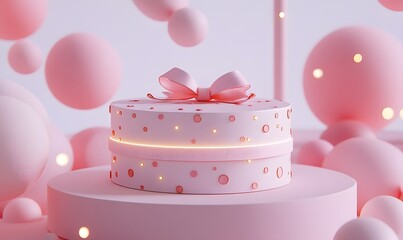 Pink gift box on podium, glowing lights, pastel background, product display