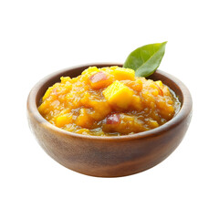 Raw Mango Chutney for Rice in Wooden Bowl on transparent background