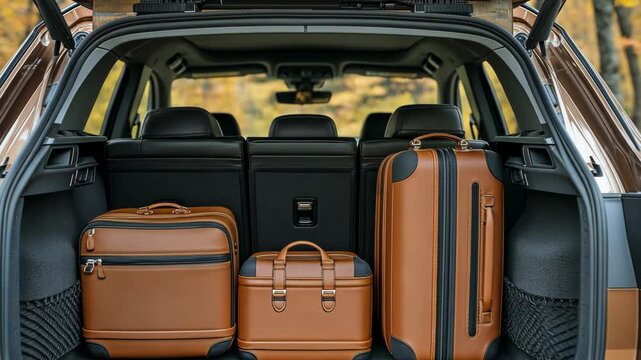 A car's trunk with its back seats folded down and its stuff inside