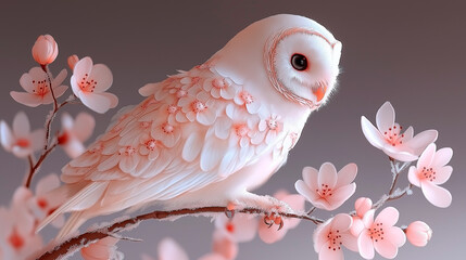 pink owl sitting on a branch with pink flowers
