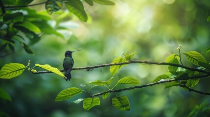 Obraz premium Hummingbird sitting on a branch in a green tropical forest, AI generated image