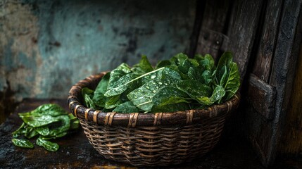 Fresh Spinach in Rustic Basket: A Dark Moody Still Life Photography