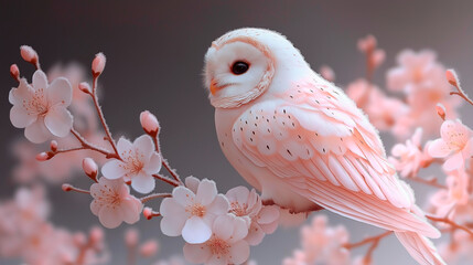 pink owl sitting on a branch with pink flowers