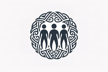 Three figures encircled by an ornate design.