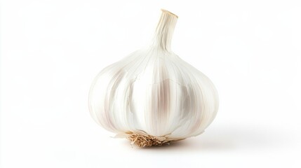 A single, whole garlic bulb with its papery white skin and tightly packed cloves, Each garlic’s vibrant color and subtle imperfections captured with precision
