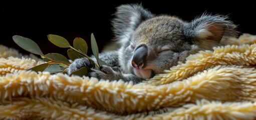 Fototapeta premium A tiny, sleepy koala nestled in a fluffy pale yellow blanket, holding a small eucalyptus leaf, with a calming background of sky blue and cream creating a tender atmosphere.