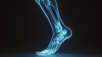Glowing blue human ankle and foot bones on black background.