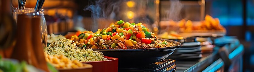 Steaming Dish of Stir-Fried Meat and Vegetables in a Restaurant Setting