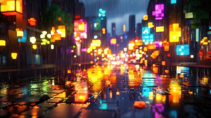 Captivating nighttime cityscape with a vibrant colorful display of lights reflections and motion against a rainy urban backdrop  A dynamic