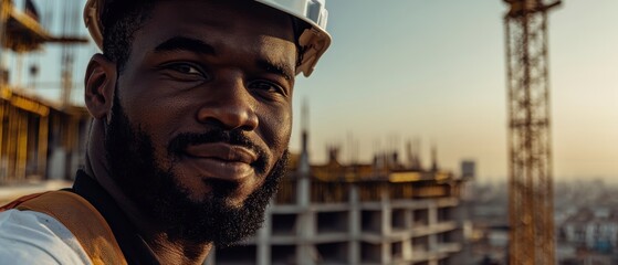 Confident Construction Worker Portrait  Hard Hat  Building Site  Cityscape