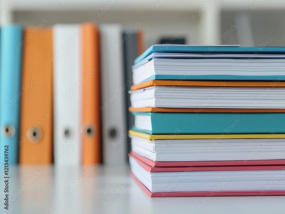 Poster stack of colorful books and folders sitting on office desk