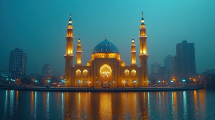 Fototapeta premium Illuminated Mosque, Night, Cityscape, Reflection, Water