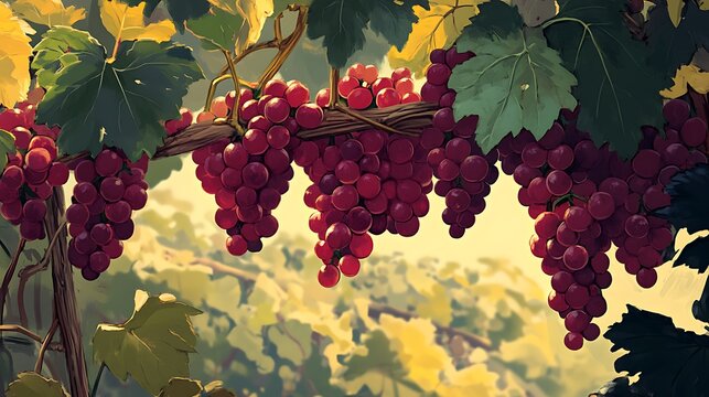 Ripe bunch of red grapes hanging on a vine in a vineyard field - Powered by Adobe