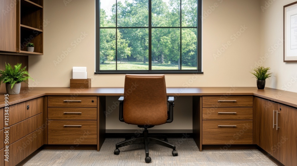 Poster Empty desk inviting focus and productivity in quiet office setting with natural light