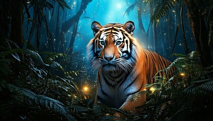 tiger in a misty jungle, surrounded by fireflies.- 