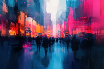 Obraz premium Vibrant city street at night, bustling with people.