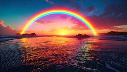 rainbow forming over a calm ocean at sunset.- 