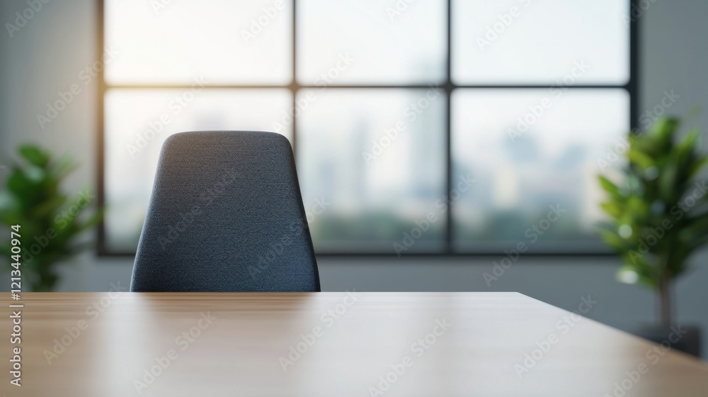 Poster empty meeting table in bright modern office with large windows