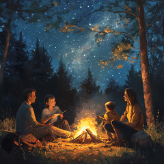 A family of four sits around a campfire in the woods