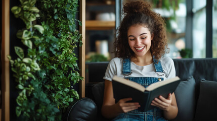 Excited Woman Reading a Book in a Modern Living Room