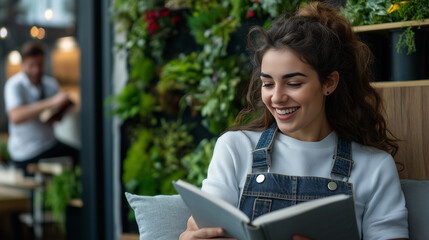 Fototapeta premium Excited Woman Reading a Book in a Modern Living Room