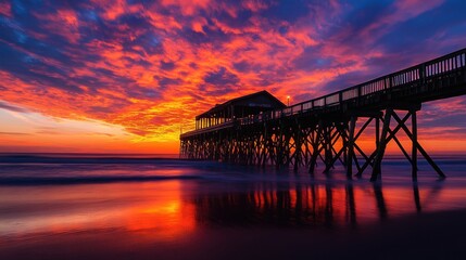 Fototapeta premium Fiery sunrise over ocean pier reflection.
