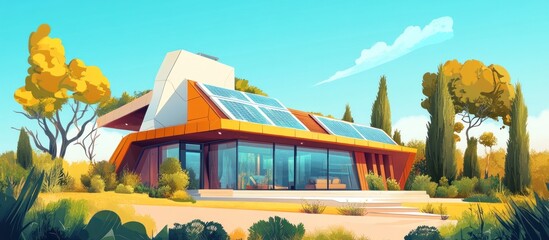 Modern solar powered house with large windows and garden.