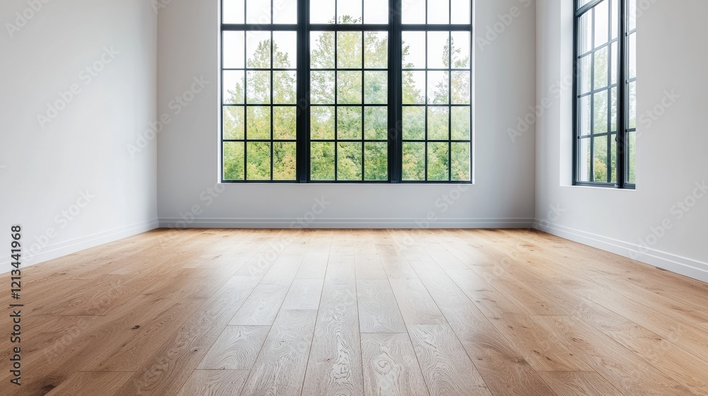 Poster empty room with wooden floor and large windows overlooking trees