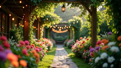 A serene garden with a stone pathway, vibrant flowers, and a charming pergola
