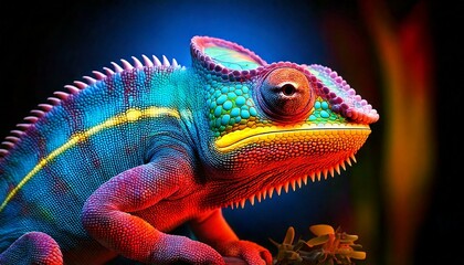 Fototapeta premium chameleon blending into a colorful, illuminated background.- 